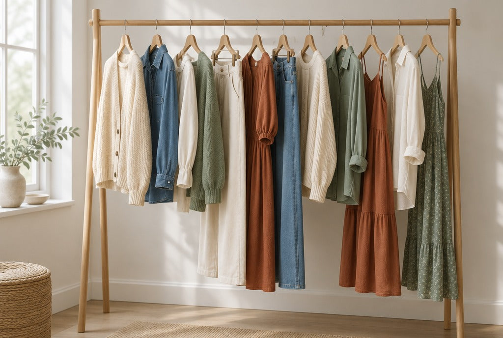 A minimal wooden clothing rail with twelve women's clothing pieces in cream, denim blue, sage and rust, knit cardigans, shirts, pants and dresses, soft daylight