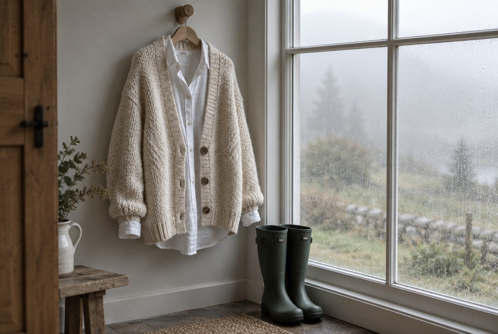 A chunky cream knit cardigan over a white linen shirt hanging on a wooden peg by a foggy window, rain boots below