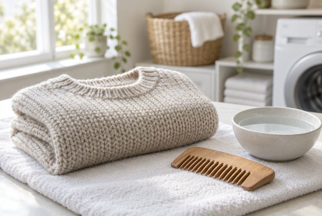 A folded chunky knit sweater on a white towel beside a wooden sweater comb and a small bowl of water in a bright laundry room