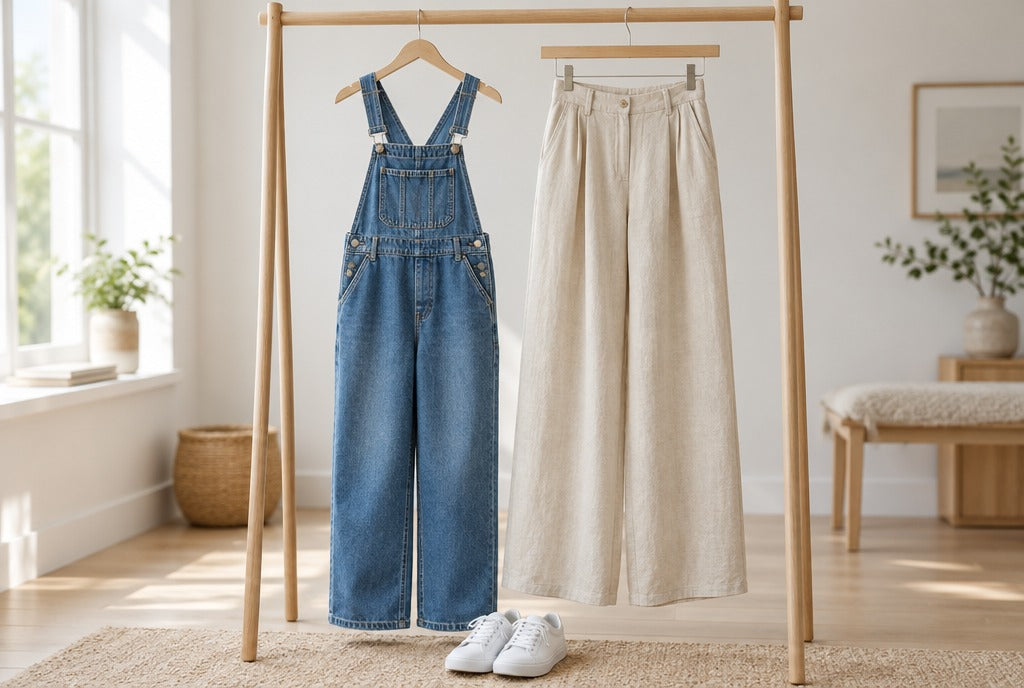 Denim overalls and sand colored wide-leg linen pants hanging side by side on a wooden clothing rail, white sneakers on the floor, bright room