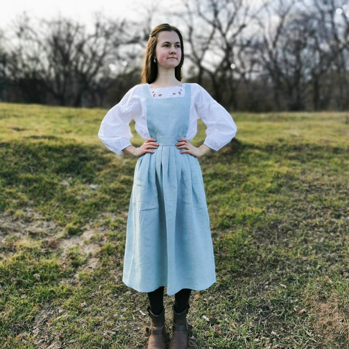 Bianca Green Linen Midi Pinafore Dress — The Clothing Closet