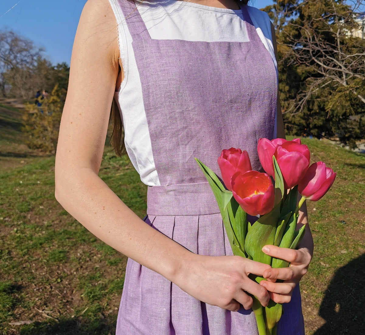 Mila Purple Linen Midi Pinafore Dress — The Clothing Closet