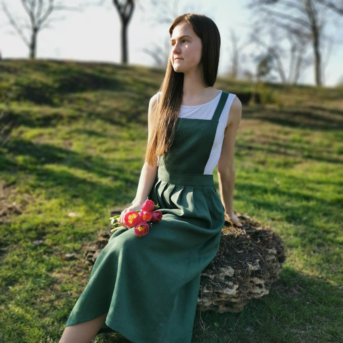 Mila Purple Linen Midi Pinafore Dress — view 2
