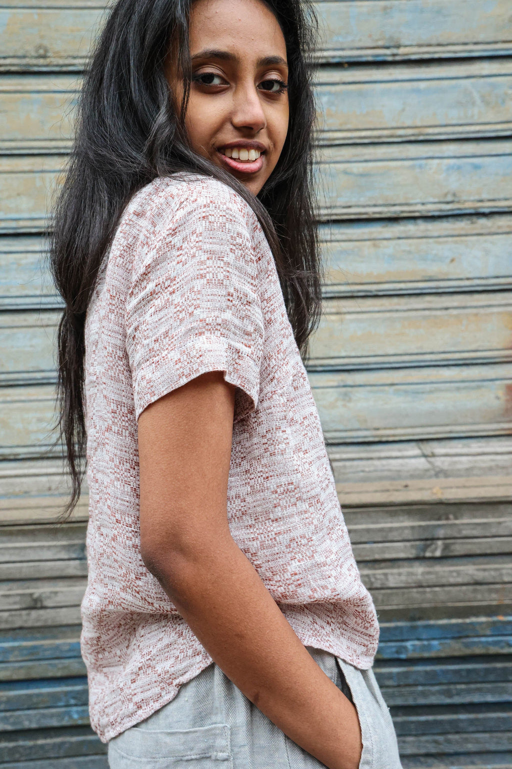 Della Blue Linen Blouse — view 6