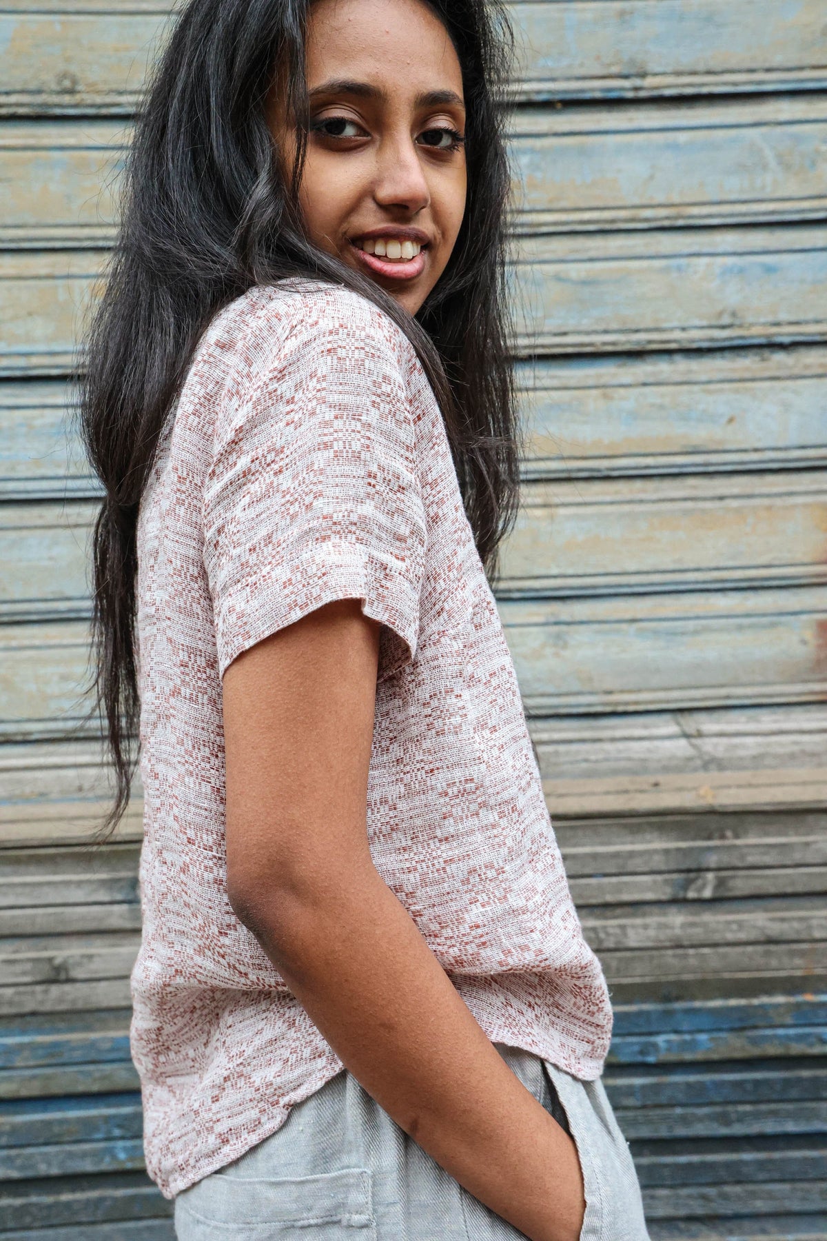 Della Blue Linen Blouse — view 6