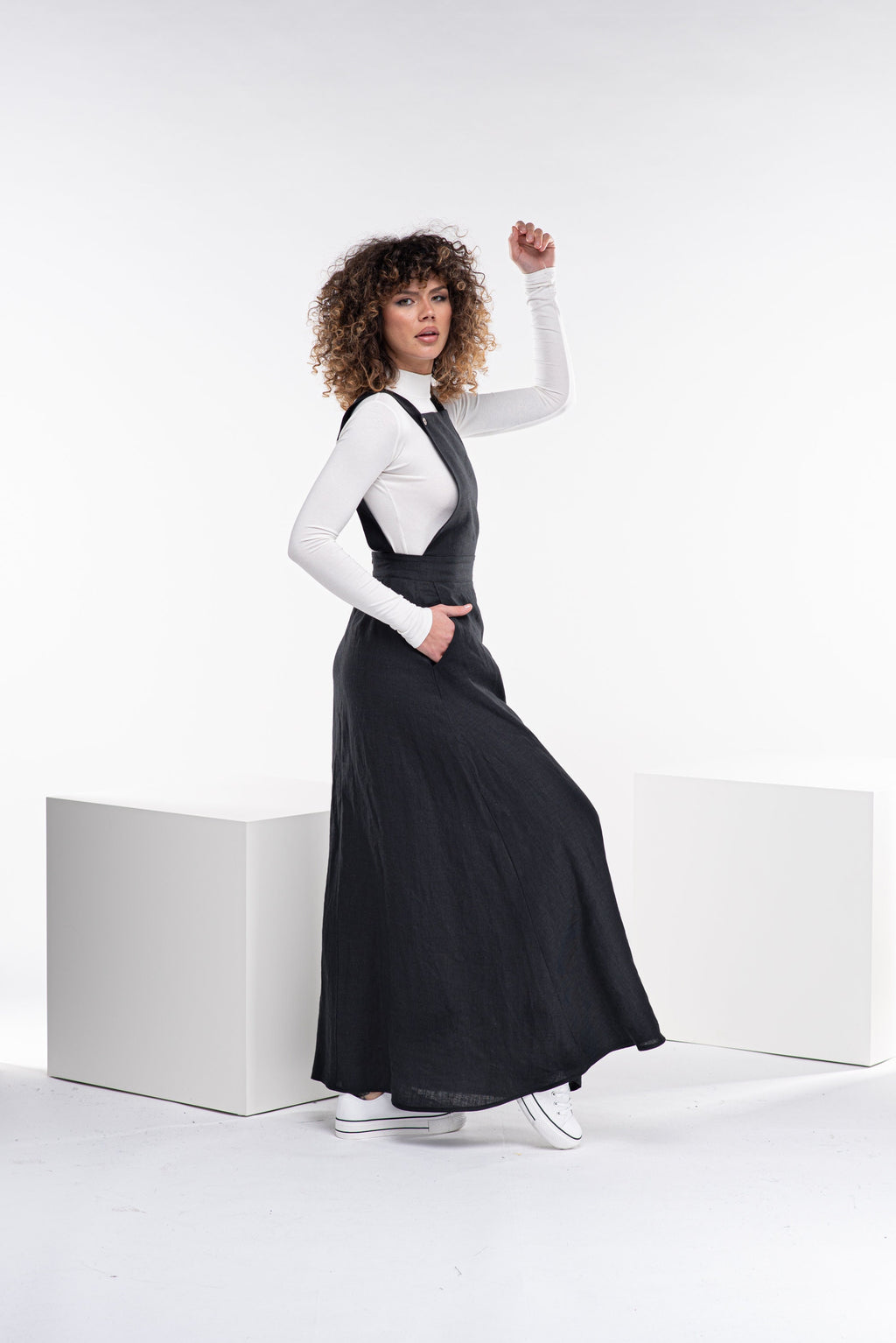 Stella Black Linen Maxi Pinafore Dress — view 5
