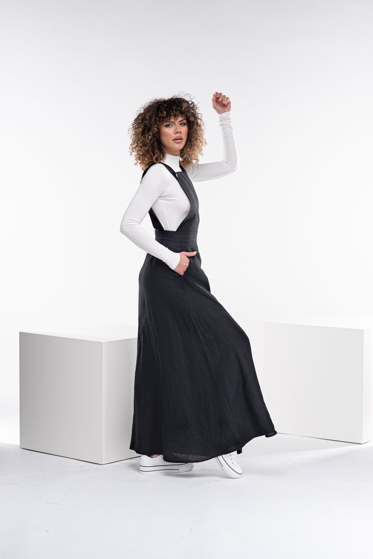 Stella Black Linen Maxi Pinafore Dress — view 5