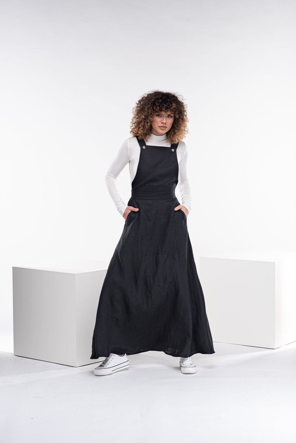 Stella Black Linen Maxi Pinafore Dress — view 2