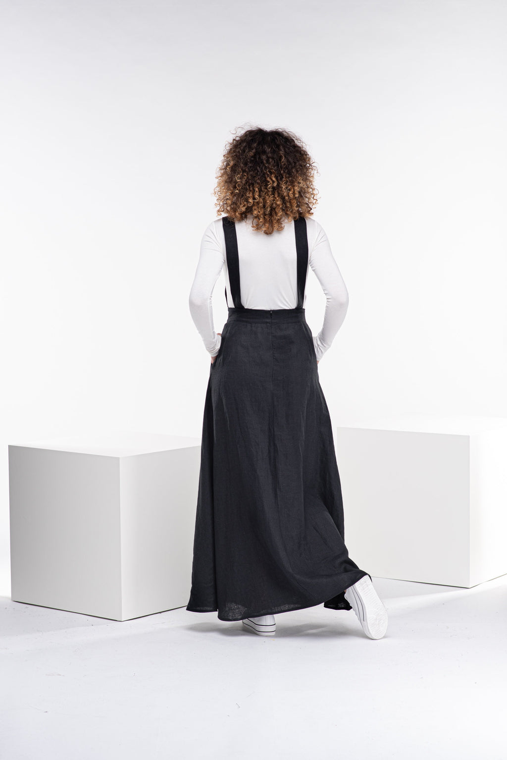 Stella Black Linen Maxi Pinafore Dress — view 3