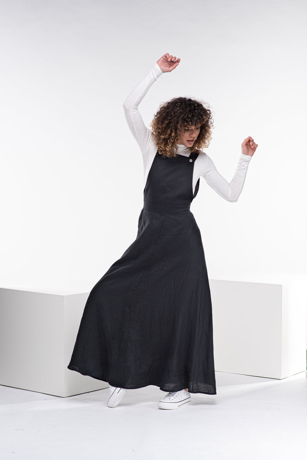 Stella Black Linen Maxi Pinafore Dress — view 4