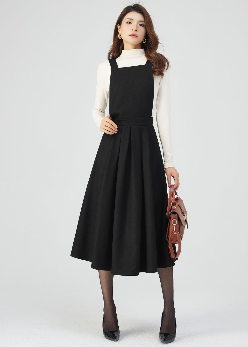 Dina Black Wool Midi Pinafore Dress — view 3
