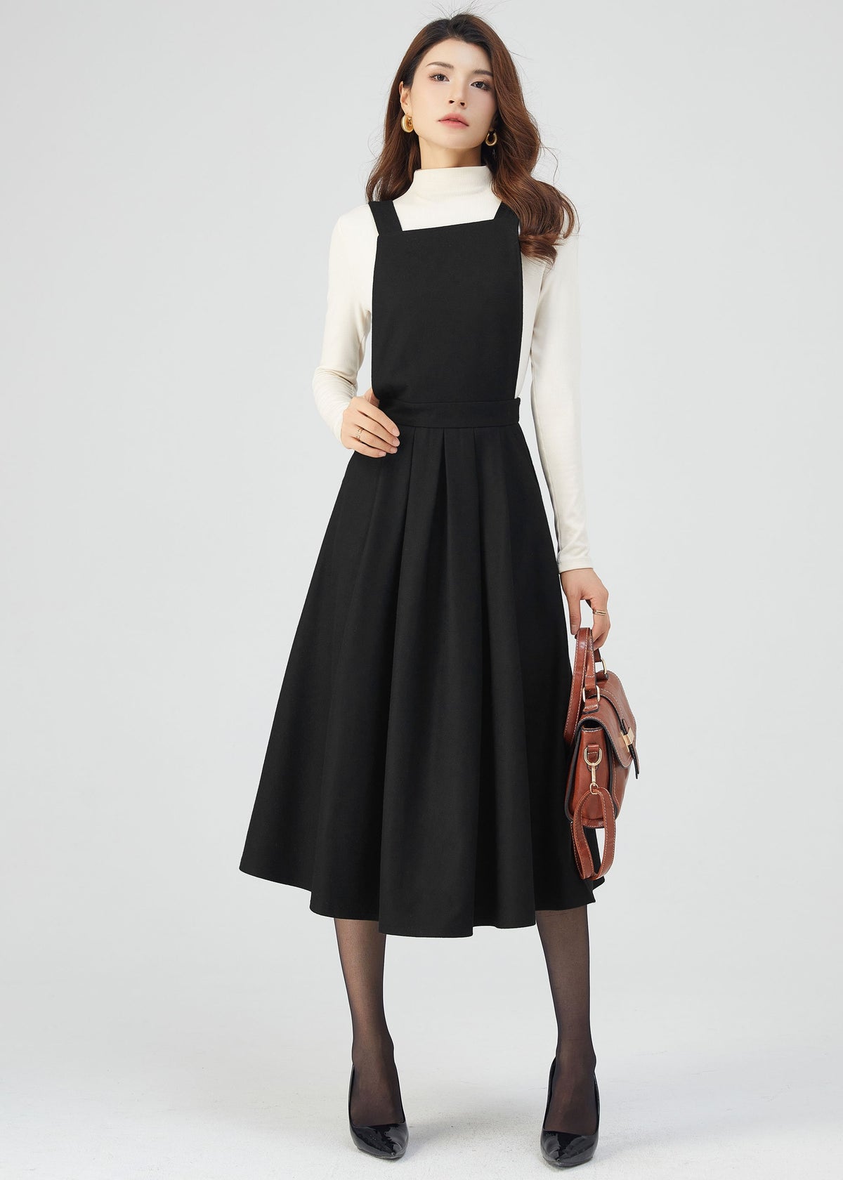 Dina Black Wool Midi Pinafore Dress — view 3