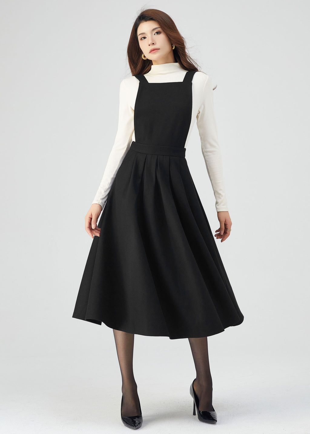 Dina Black Wool Midi Pinafore Dress — view 2