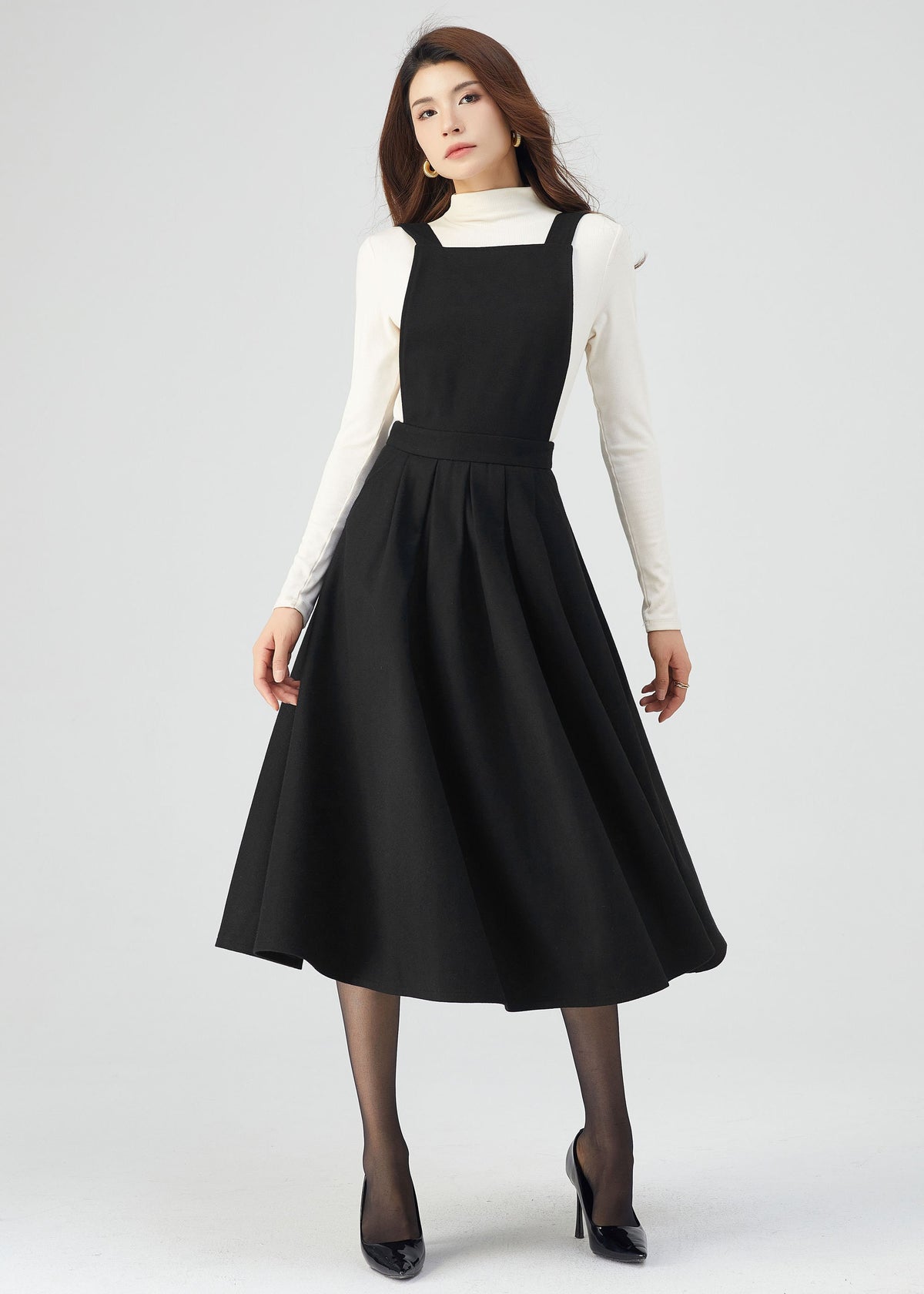 Dina Black Wool Midi Pinafore Dress — view 2