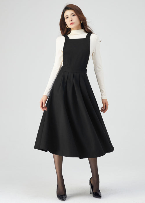 Dina Black Wool Midi Pinafore Dress — The Clothing Closet
