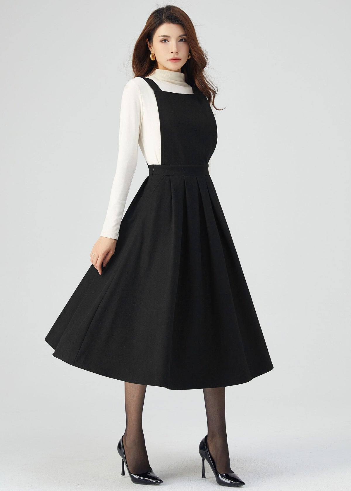 Dina Black Wool Midi Pinafore Dress — The Clothing Closet