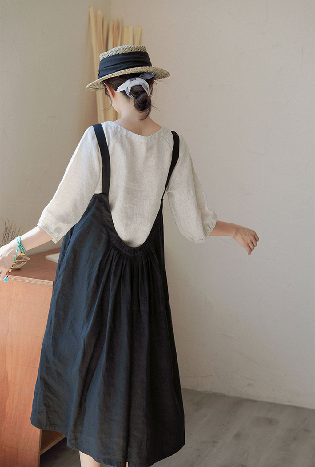 Hazel Black Linen Pleated Midi Pinafore Dress — view 6