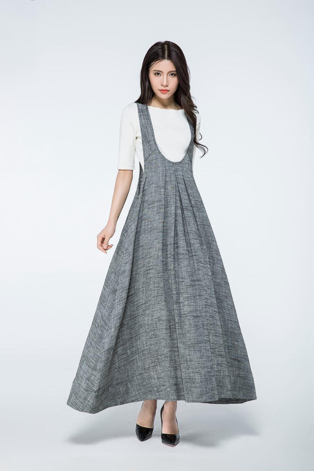 Edie Gray Linen Midi Pinafore Dress — The Clothing Closet
