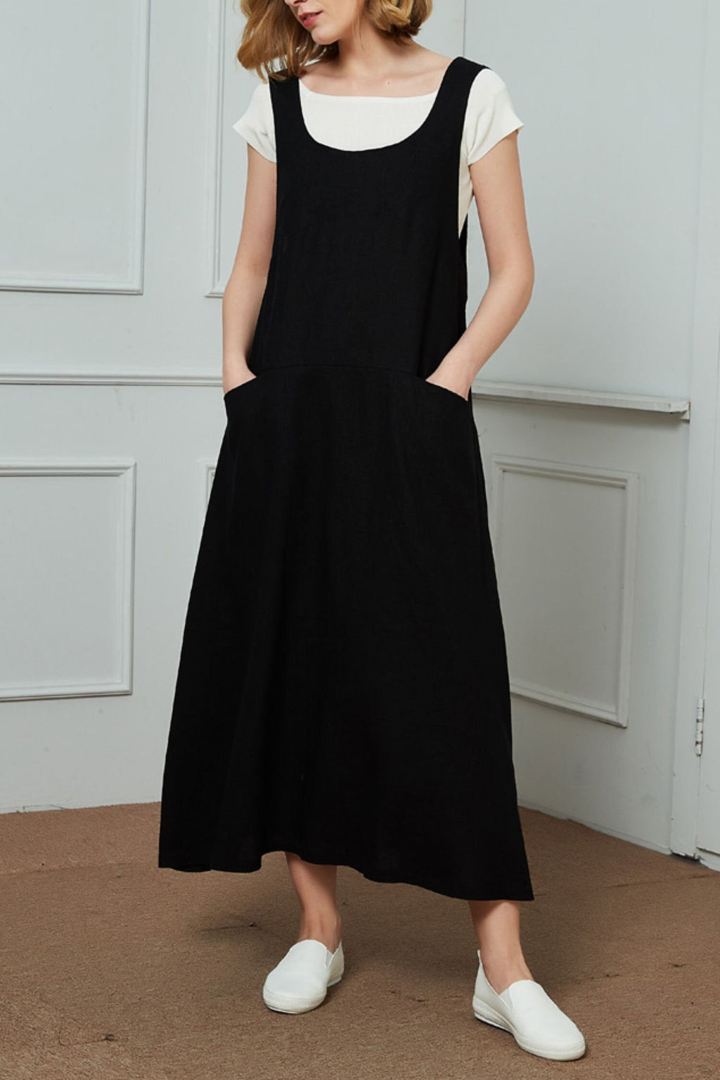Freya Black Linen Midi Pinafore Dress — view 3