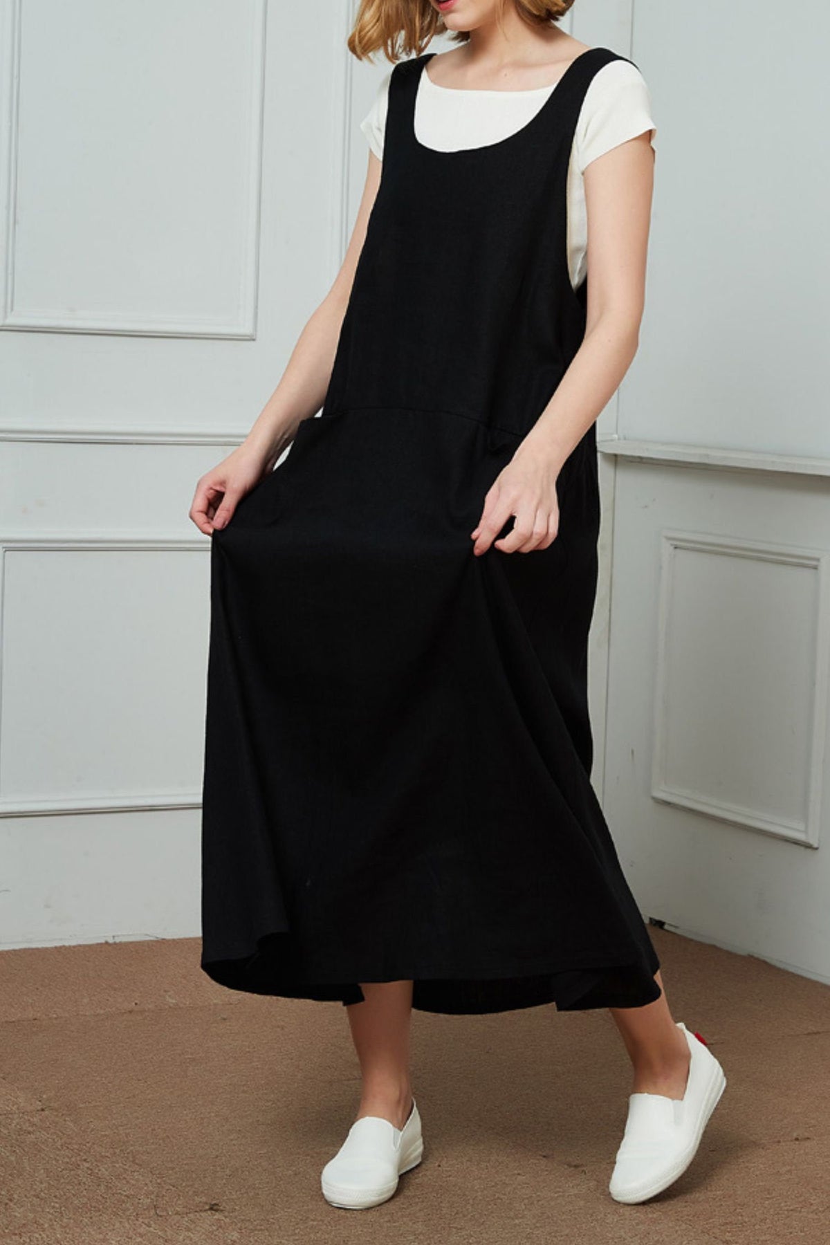 Freya Black Linen Midi Pinafore Dress — view 2