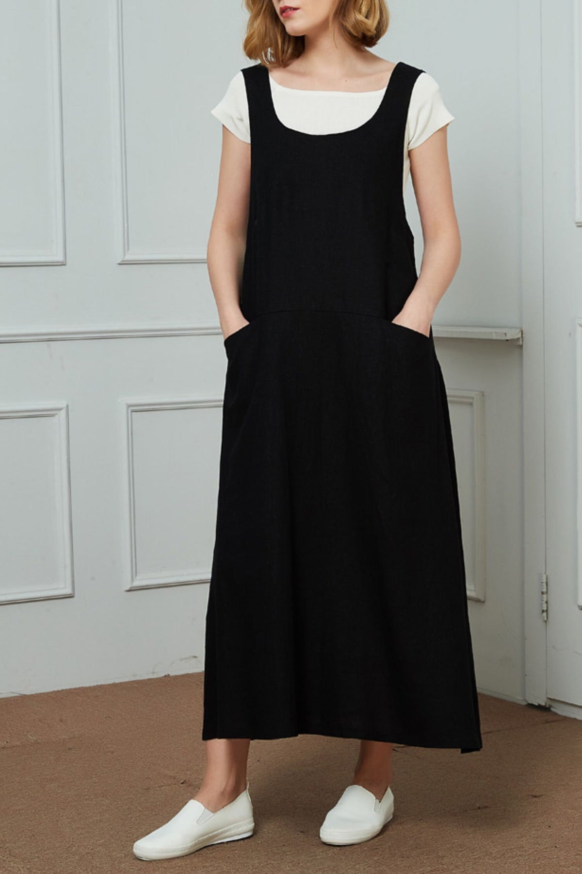 Freya Black Linen Midi Pinafore Dress — view 4