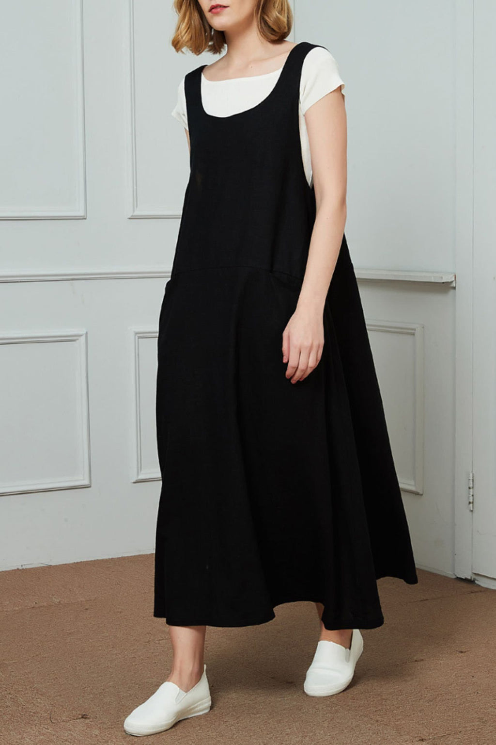 Freya Black Linen Midi Pinafore Dress — view 5