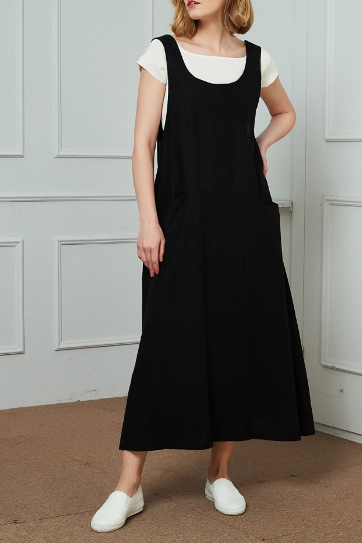 Freya Black Linen Midi Pinafore Dress — view 6