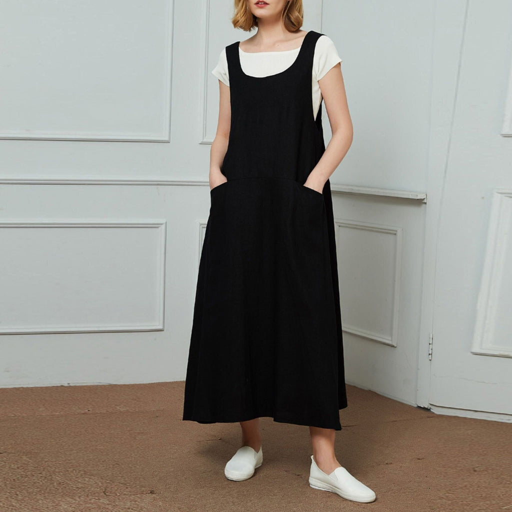 Freya Black Linen Midi Pinafore Dress — The Clothing Closet