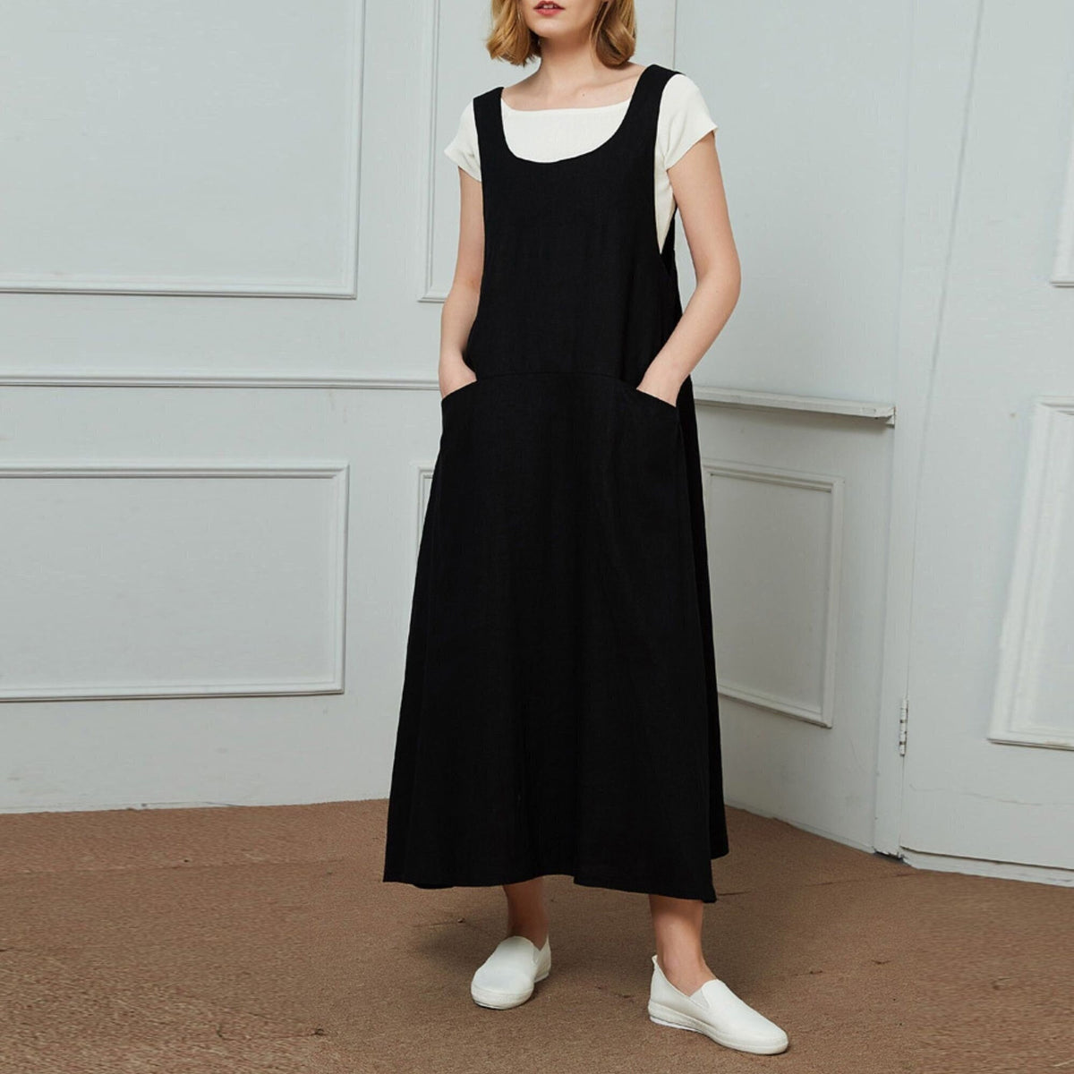 Freya Black Linen Midi Pinafore Dress — The Clothing Closet