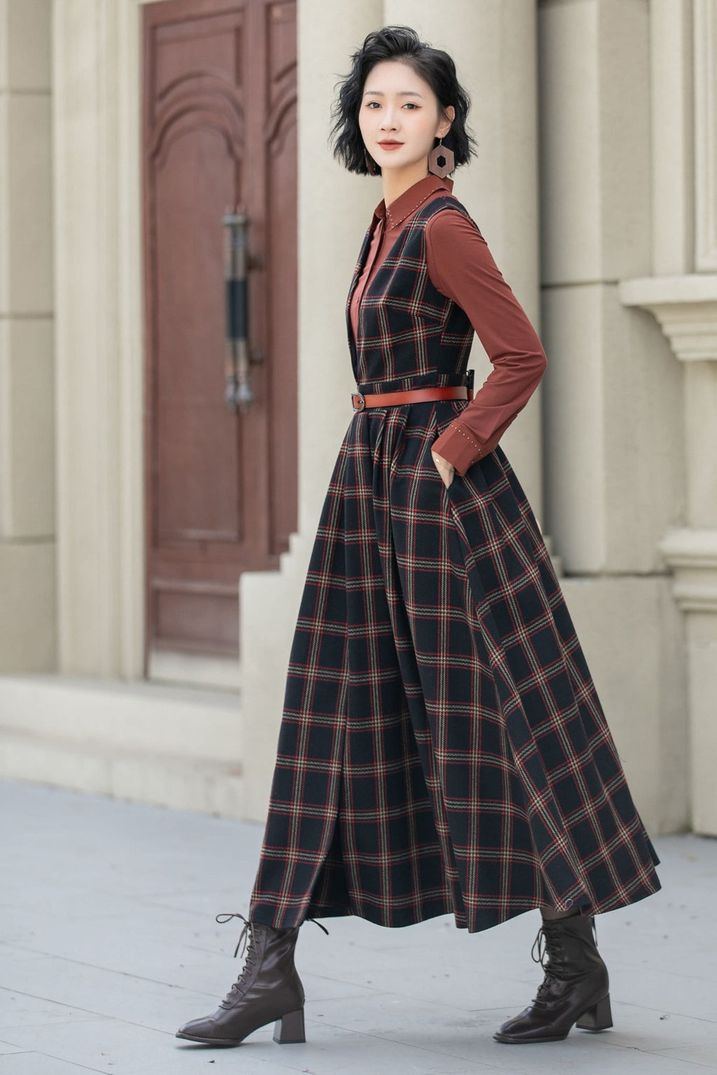 Gemma Plaid Wool A-Line Midi Pinafore Dress — view 4