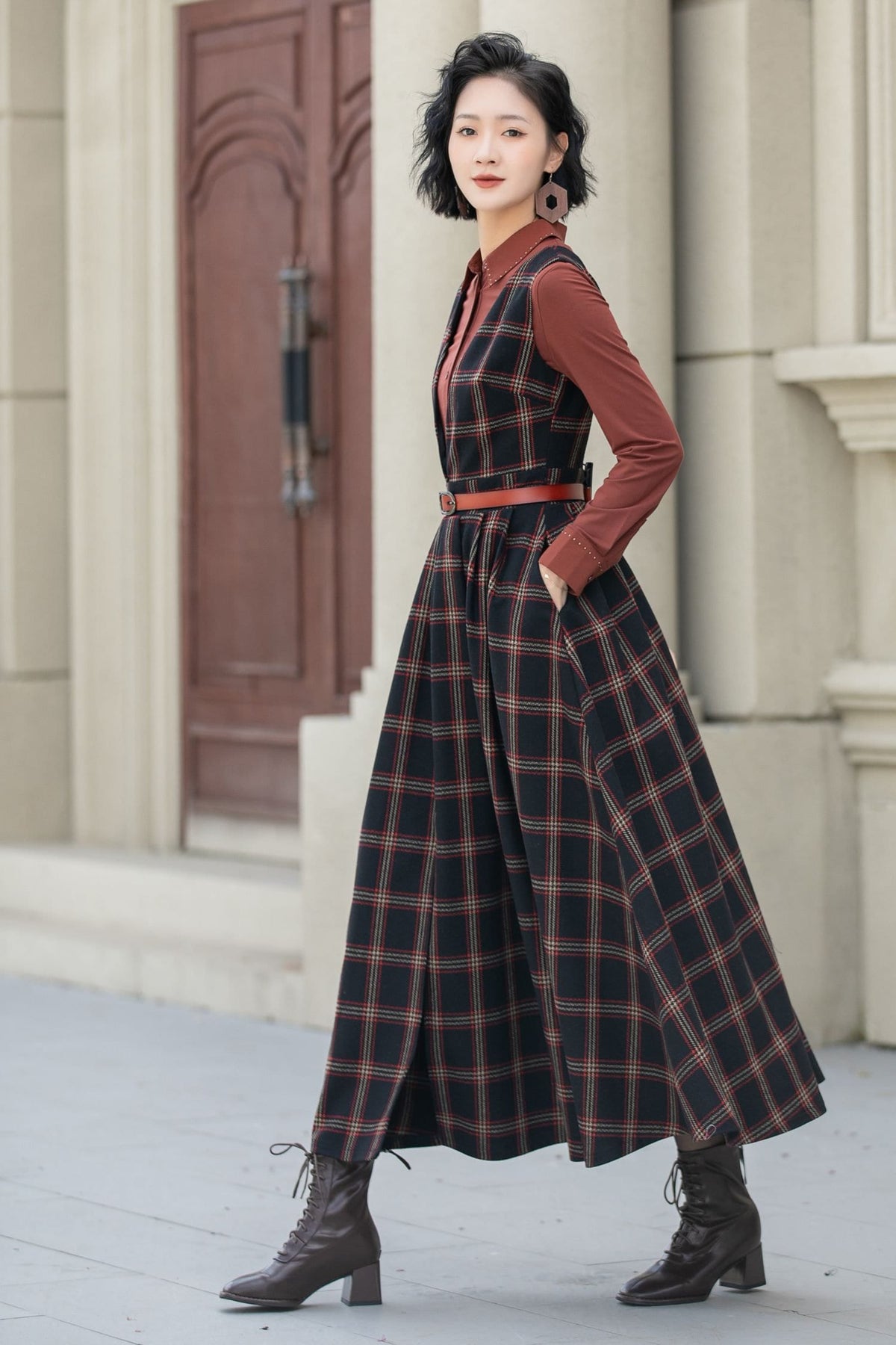 Gemma Plaid Wool A-Line Midi Pinafore Dress — view 4