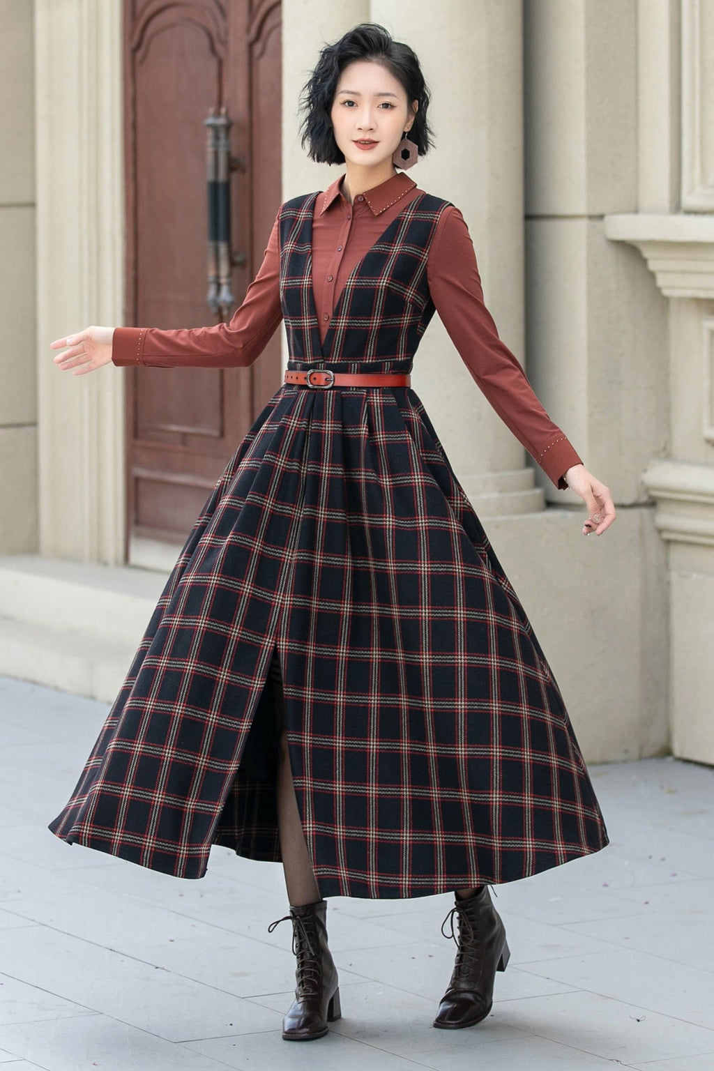 Gemma Plaid Wool A-Line Midi Pinafore Dress — view 3