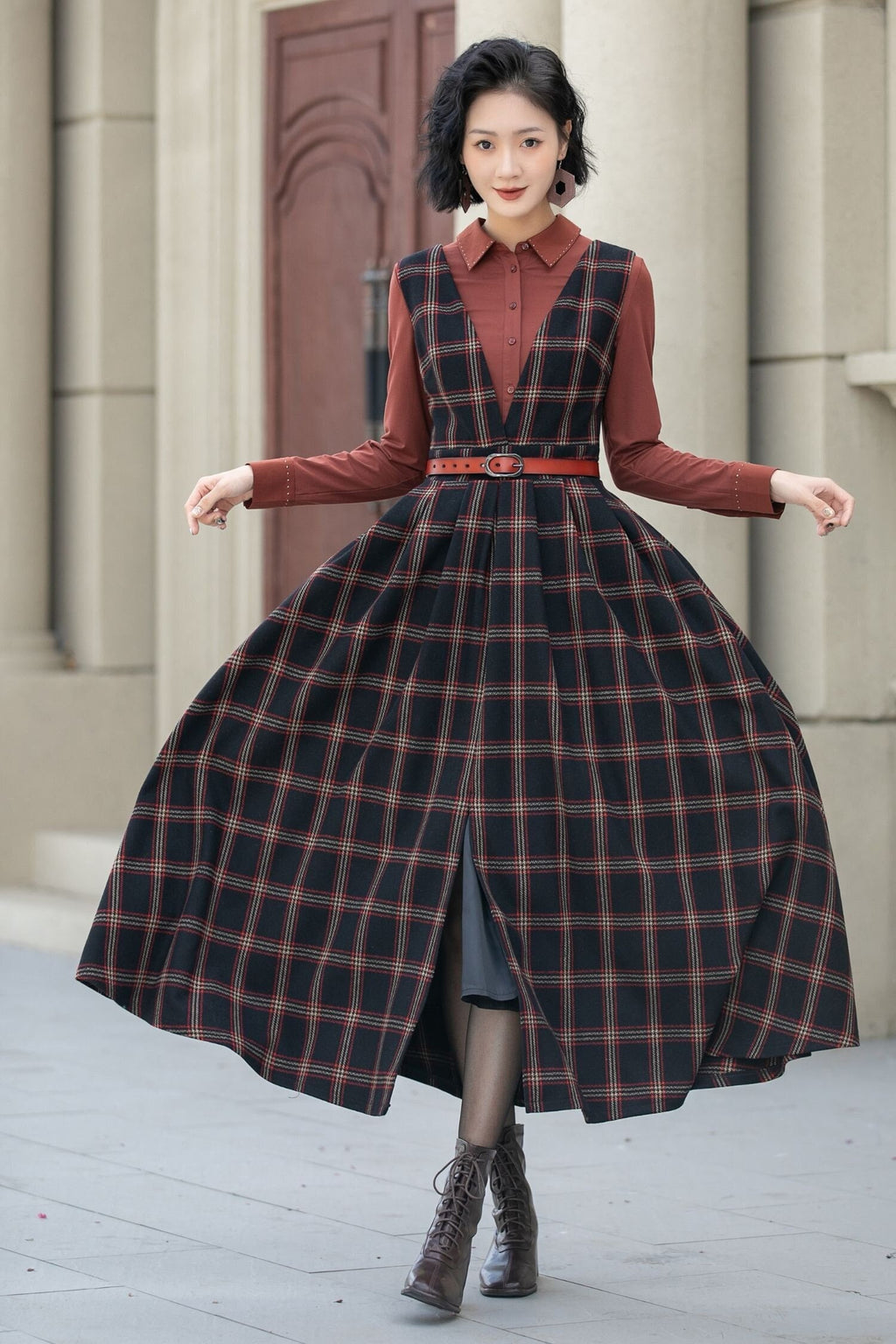 Gemma Plaid Wool A-Line Midi Pinafore Dress — view 2