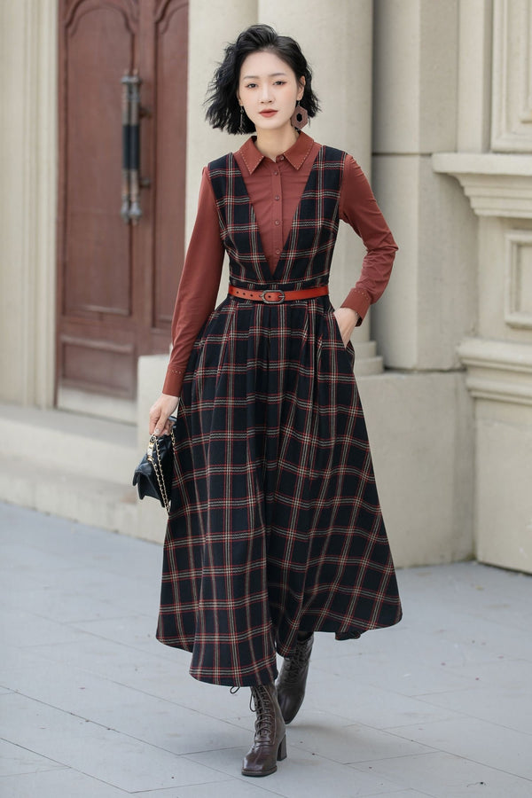 Gemma Plaid Wool A-Line Midi Pinafore Dress