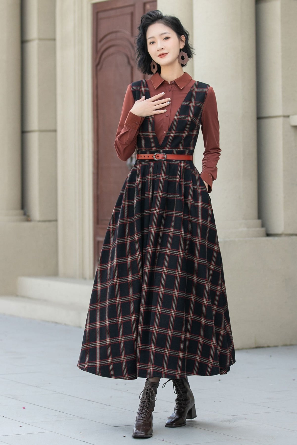 Gemma Plaid Wool A-Line Midi Pinafore Dress — view 6