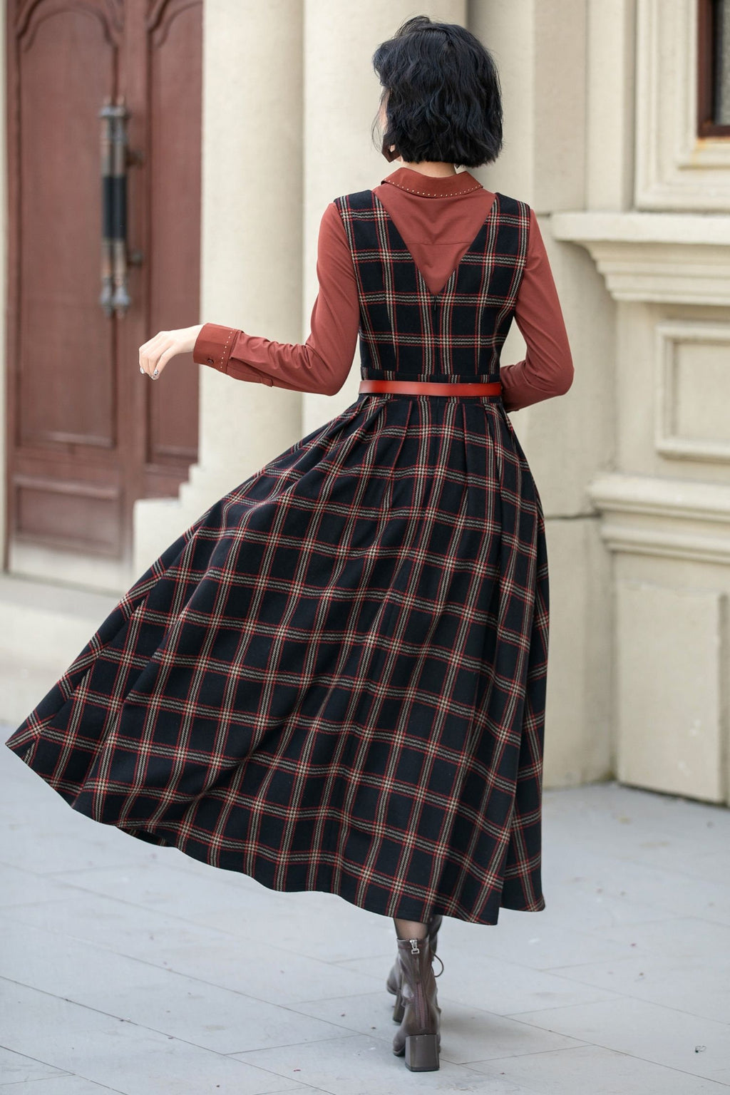 Gemma Plaid Wool A-Line Midi Pinafore Dress — view 5