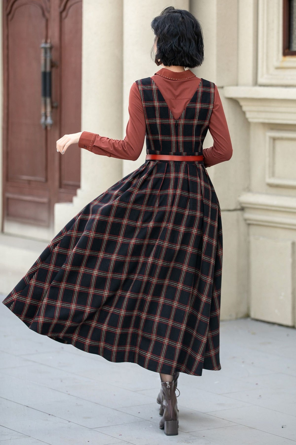 Gemma Plaid Wool A-Line Midi Pinafore Dress — view 5