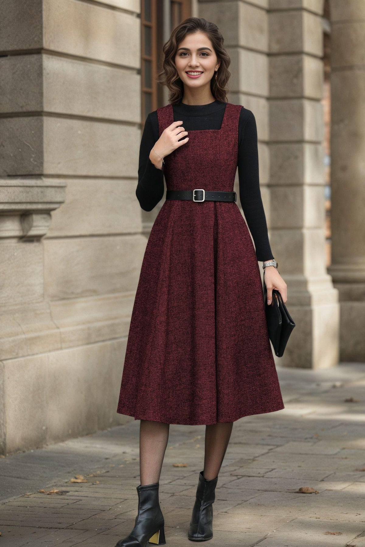 Viola Burgundy Wool A-Line Midi Pinafore Dress — view 2
