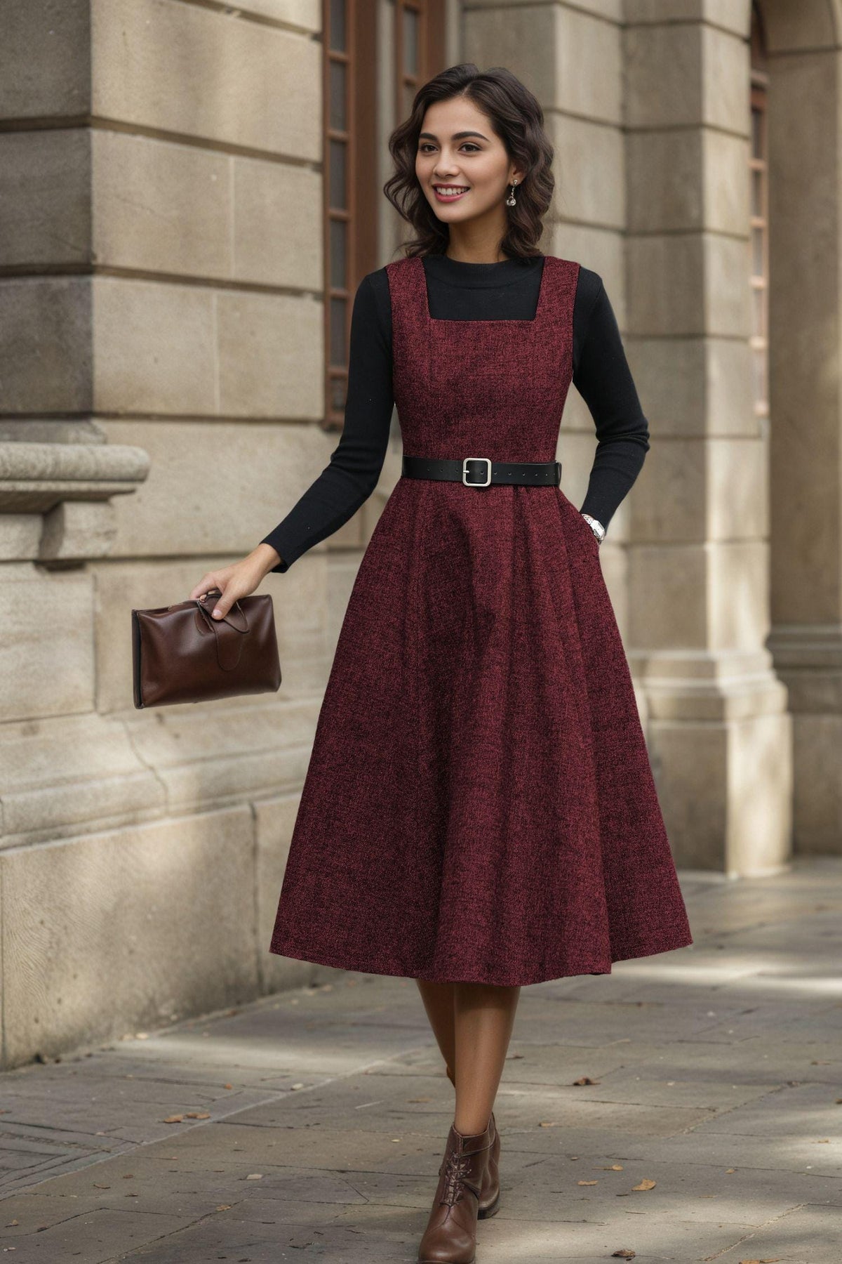 Viola Burgundy Wool A-Line Midi Pinafore Dress — view 3