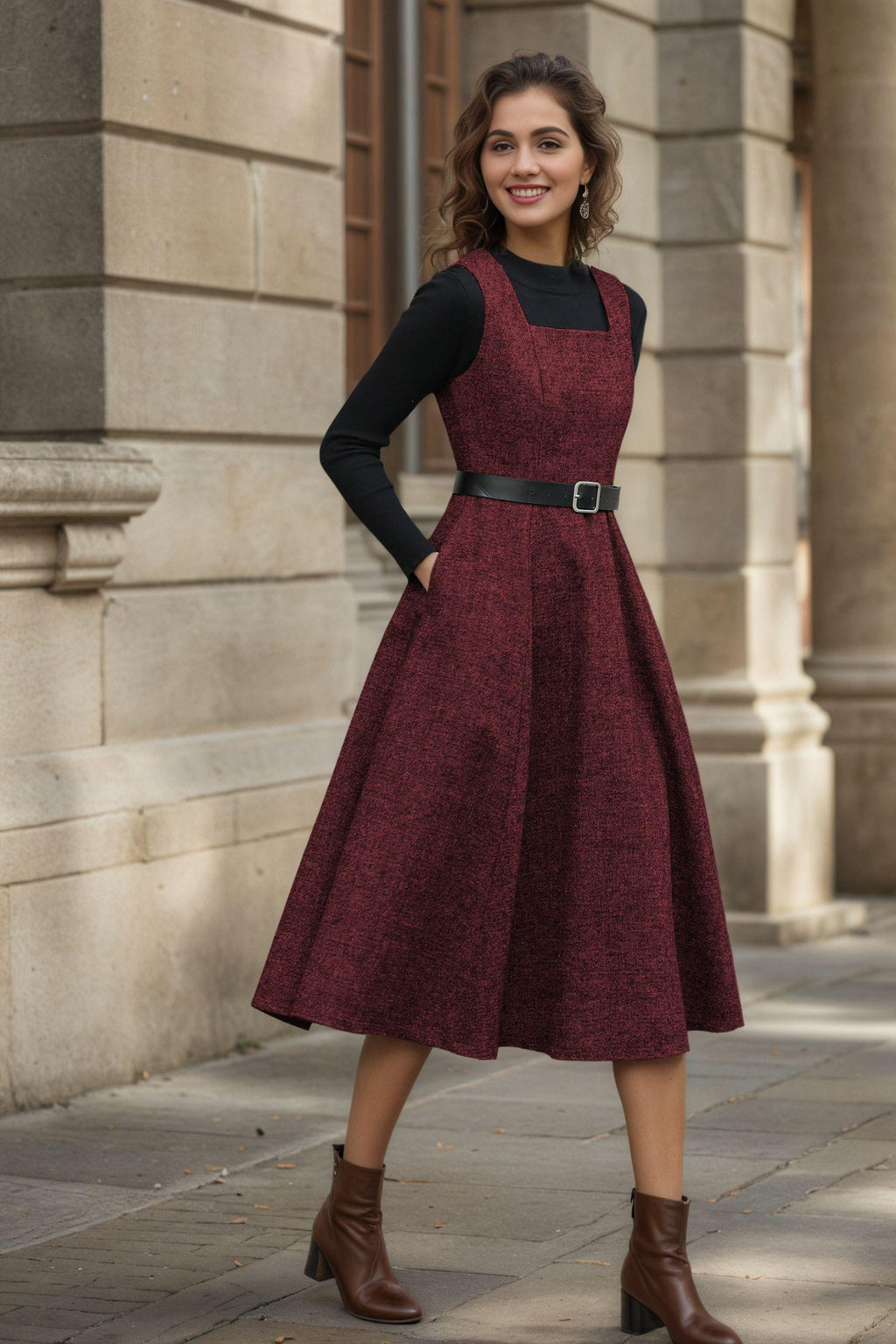 Viola Burgundy Wool A-Line Midi Pinafore Dress — view 5