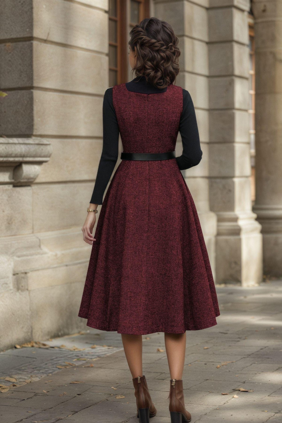 Viola Burgundy Wool A-Line Midi Pinafore Dress — view 6