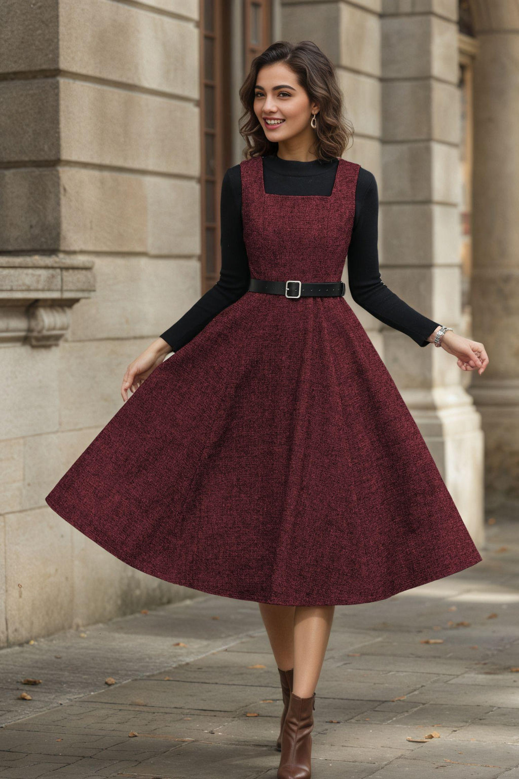Viola Burgundy Wool A-Line Midi Pinafore Dress — The Clothing Closet