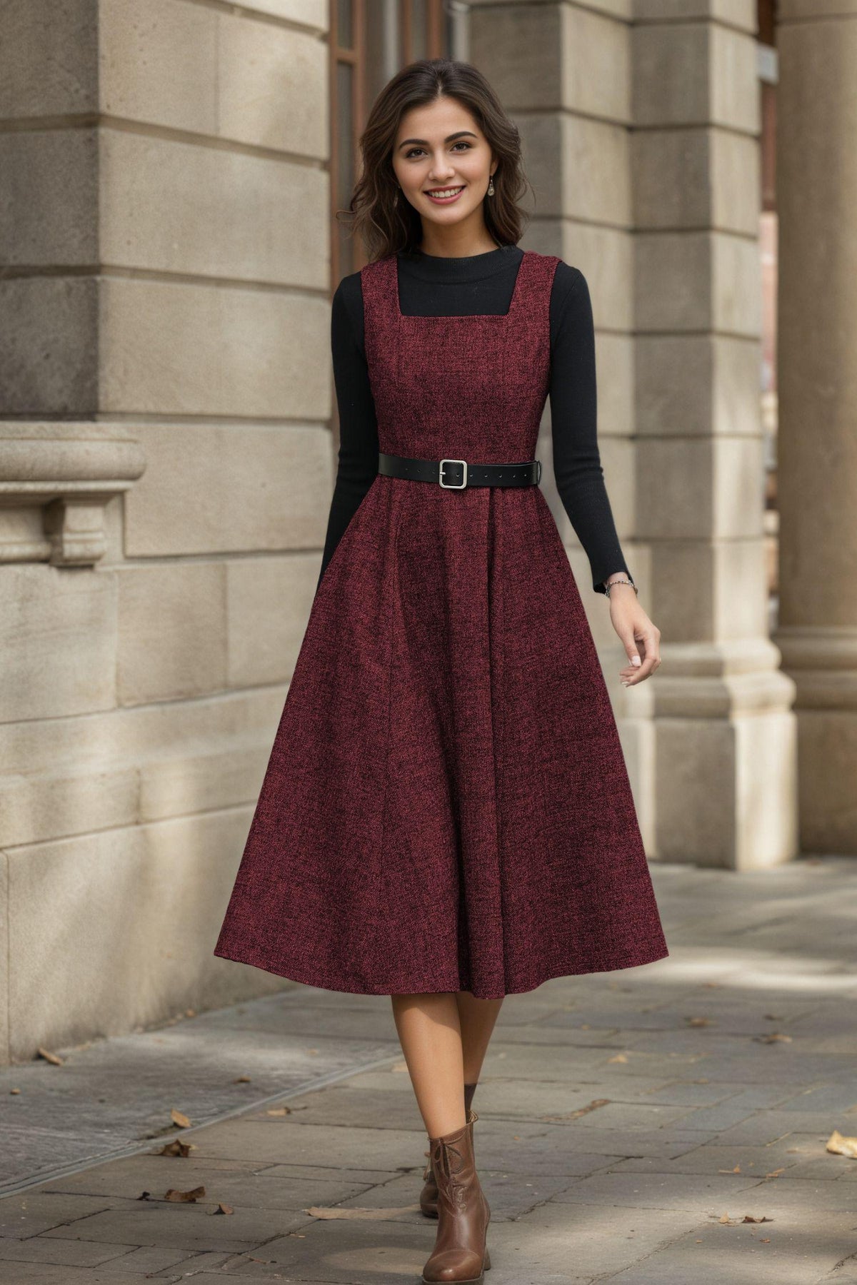 Viola Burgundy Wool A-Line Midi Pinafore Dress — view 4