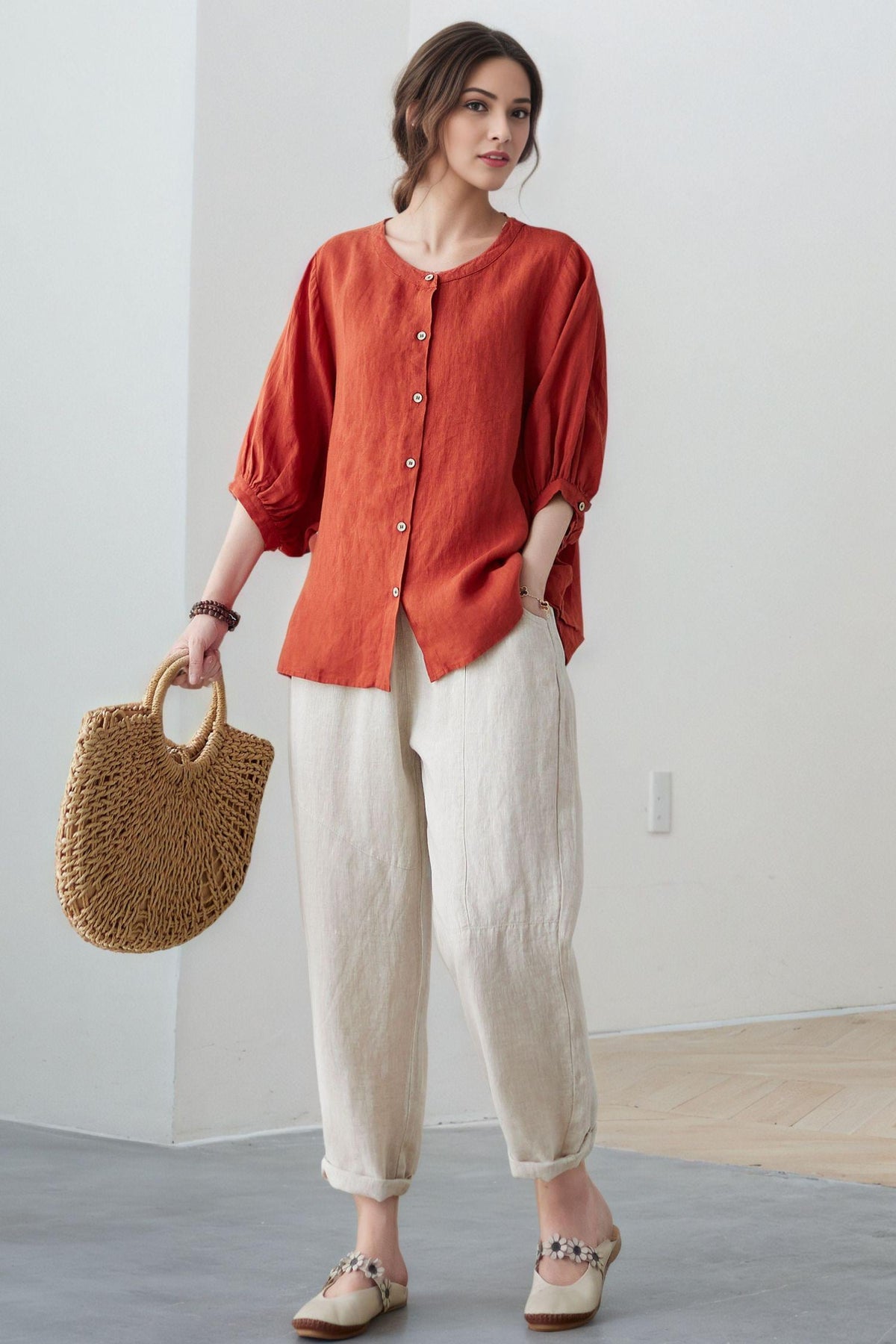 Calla Rust Linen Blouse — view 3
