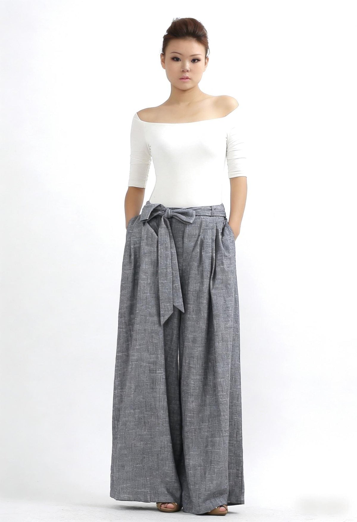 Vivi Gray Linen Pleated Pants — view 3