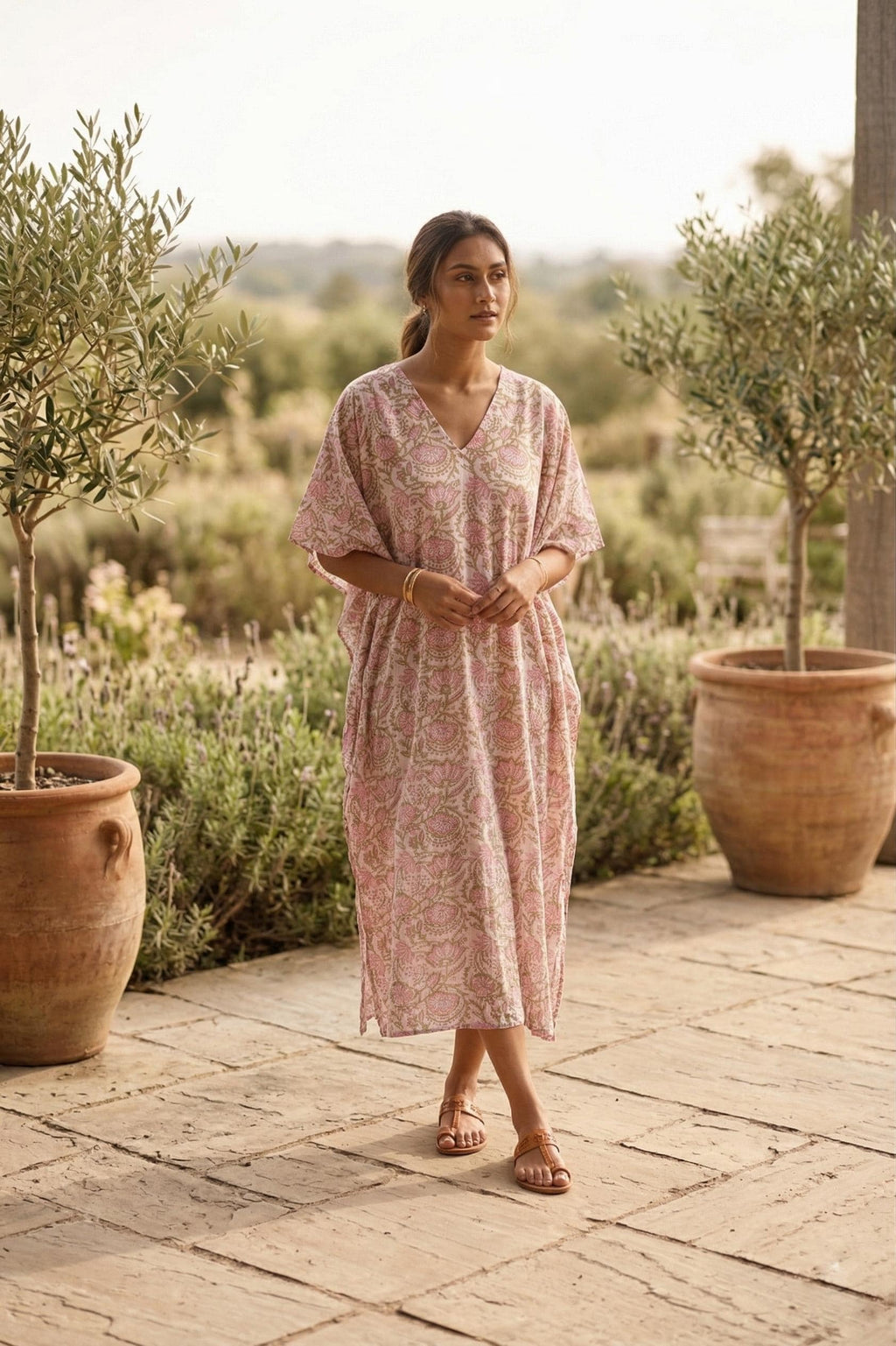 Wren Block-Print Cotton Kaftan Midi Dress — The Clothing Closet