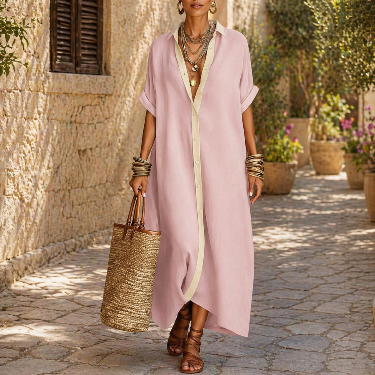 Yara Gray Linen Kaftan Midi Dress — view 5