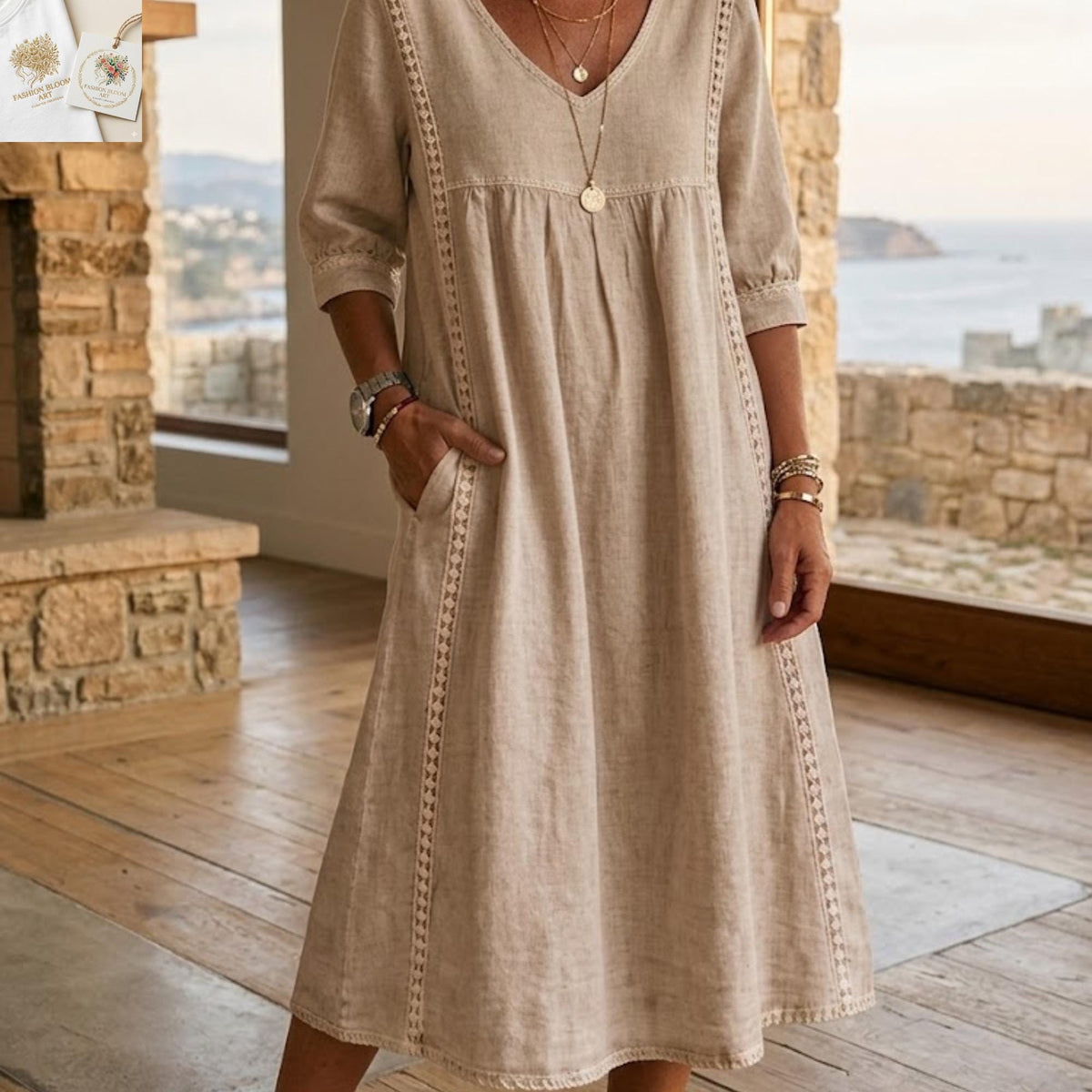 Gwen Blue Linen Midi Dress — view 6