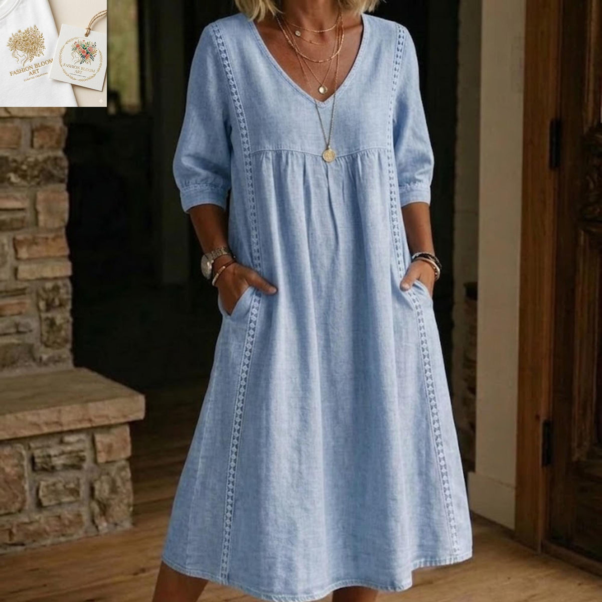 Gwen Blue Linen Midi Dress — view 2
