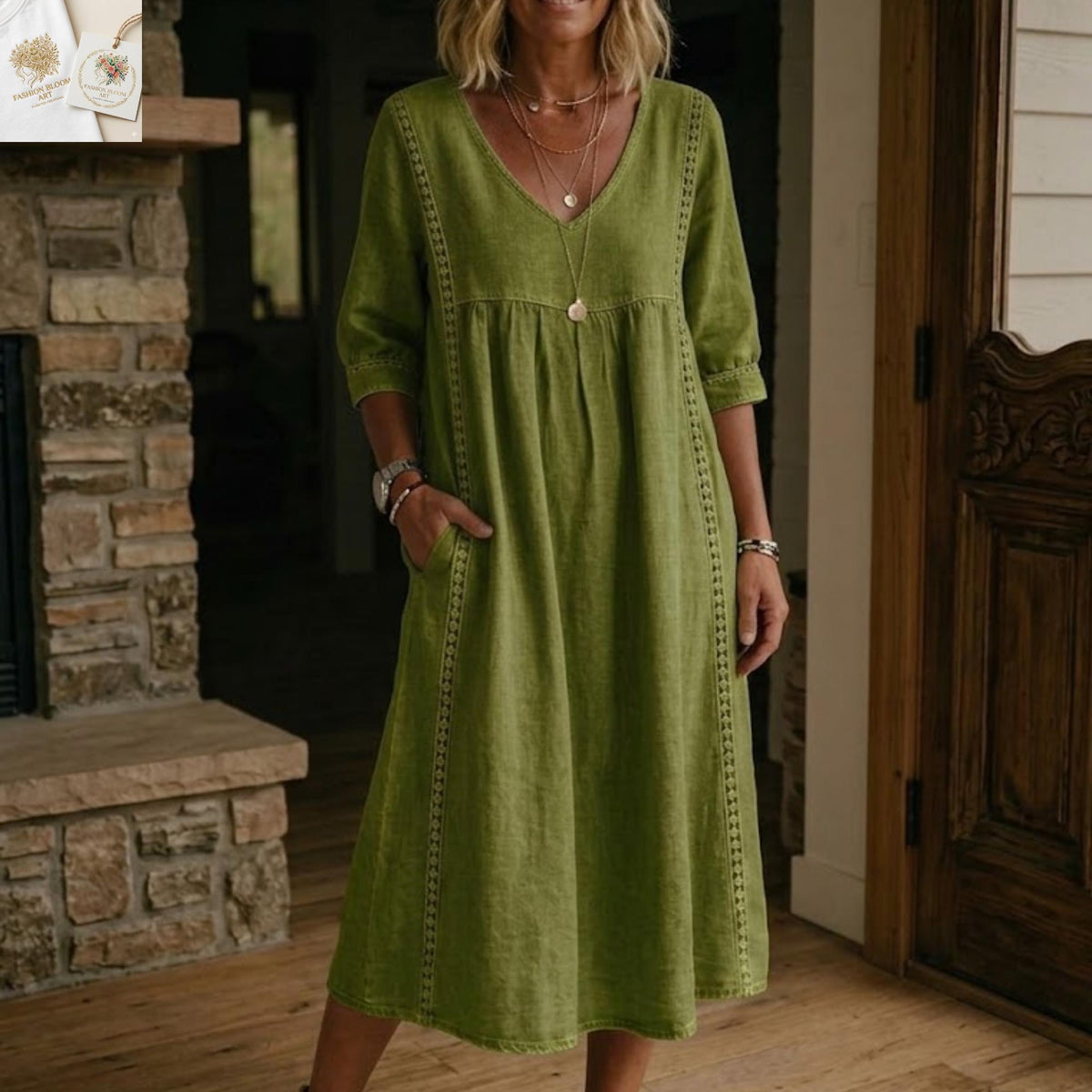 Gwen Blue Linen Midi Dress — view 3